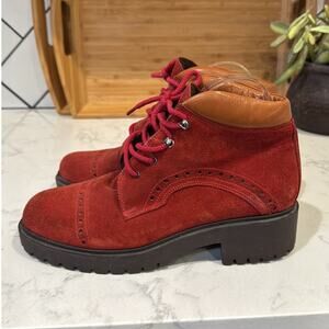 Alp Trend Red Leather trim Suede Lace Up Ankle Boots Sherpa lined size 8.5